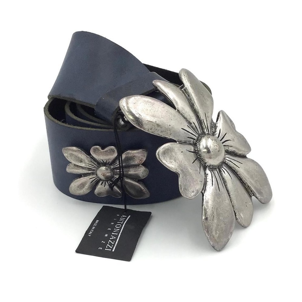 Antoniazzi Firenze Navy Leather Flower Buckle Belt Made in Italy Size L NEW